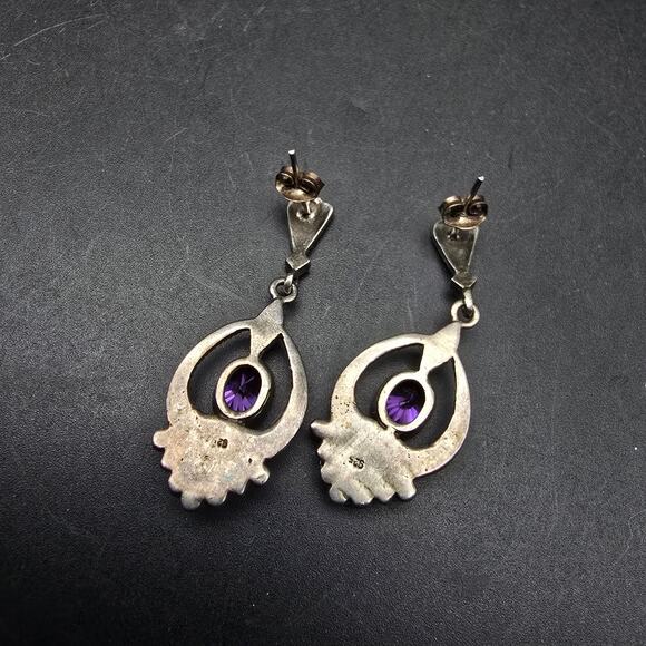 Sterling Silver Amethyst Macasite Earrings Dangle Drop Vintage - Picture 4 of 8